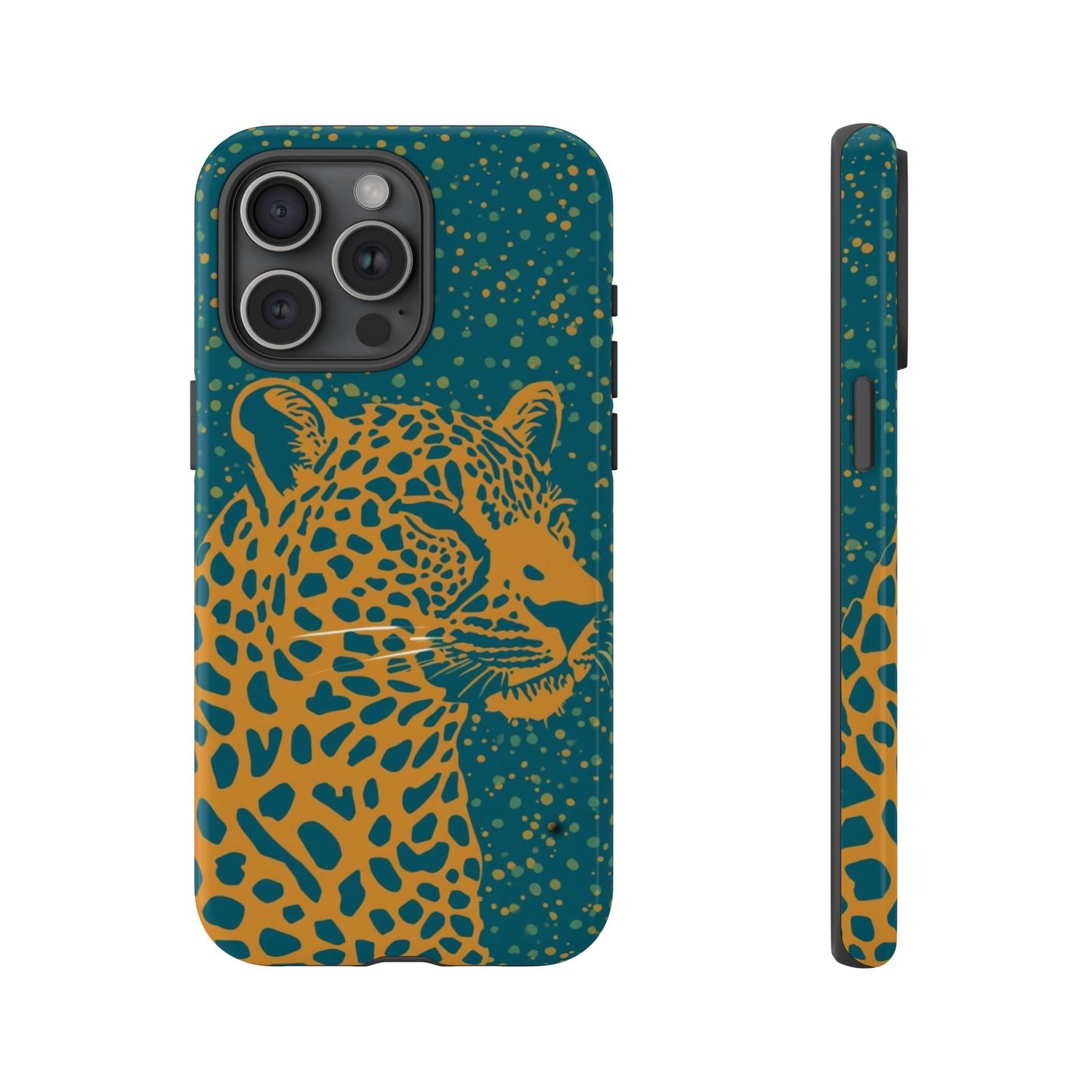 Leopard Print Tough Phone Case — Gold Panther on Teal, Protective iPhone Cover