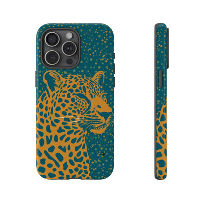Leopard Print Tough Phone Case — Gold Panther on Teal, Protective iPhone Cover