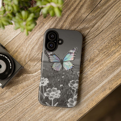 Butterfly Field Tough Phone Case — Pastel Holographic Butterfly on Black & White Floral Background