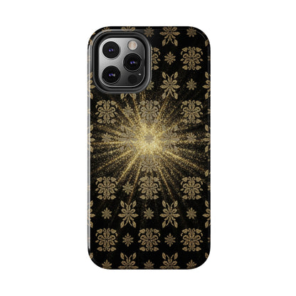 Glitter Burst Tough Phone Case — Black & Gold Floral Protective Cover
