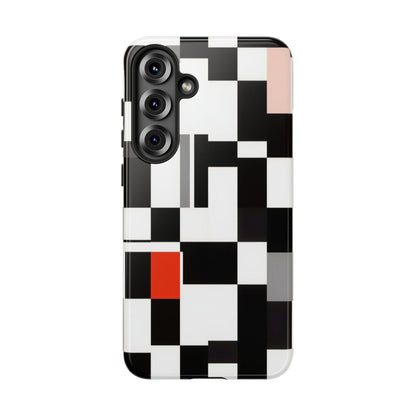Abstract Geometric Phone Case – Black & White Checker Grid with Red Accent