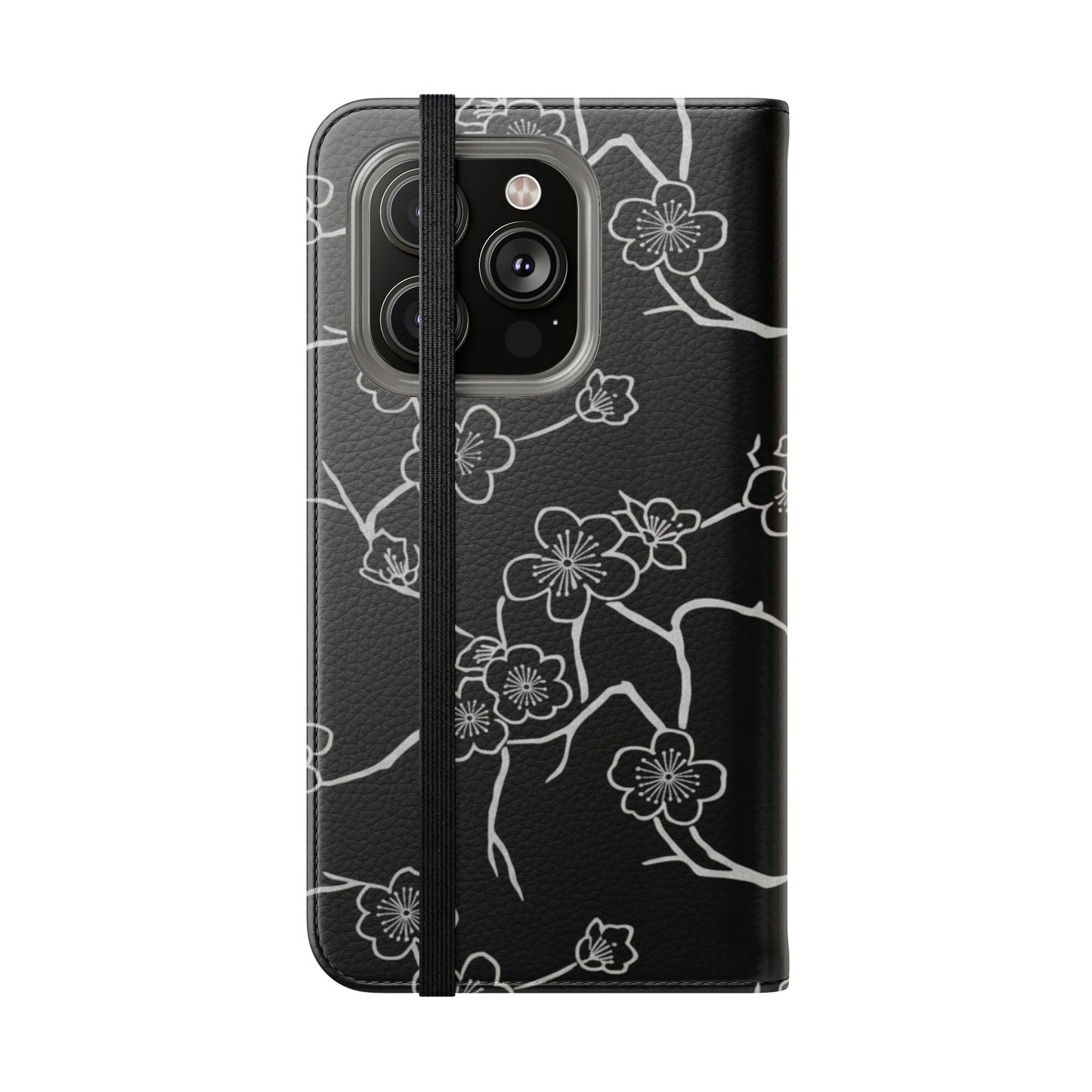 Black Cherry Blossom Flip Phone Case – Floral Wallet Flip Case with Card Slots
