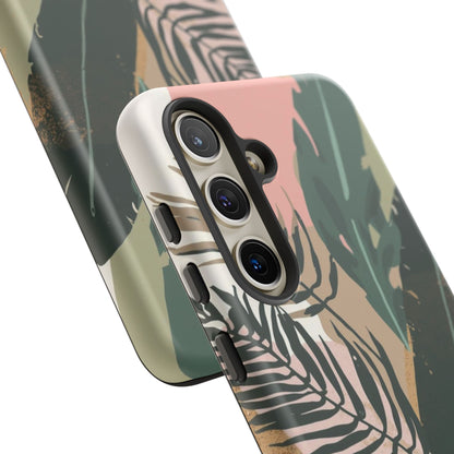 Tropical Leaf Tough Phone Case — Abstract Pink & Green Botanical Protective Cover