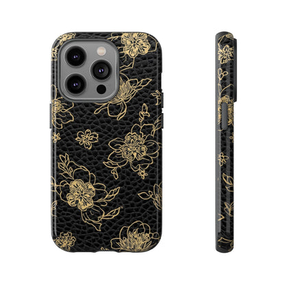 Floral Leather Phone Case — Gold Outline Flowers on Black Tough Case