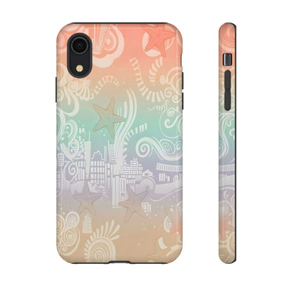 Tough Cases: Pastel Beach Pattern Phone Case — Starfish & Coastal Cityscape Protective Cover
