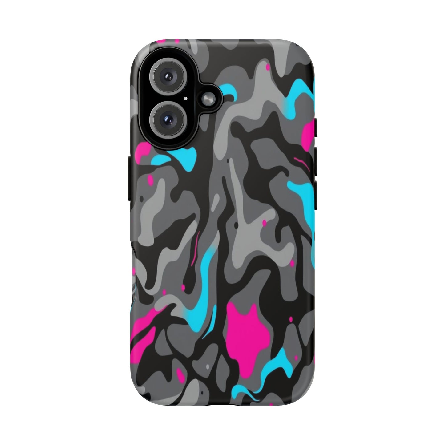 Camouflage Phone Case — Gray Camo with Neon Pink & Cyan Accent Tough Protective Cover