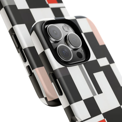 Abstract Geometric Phone Case – Black & White Checker Grid with Red Accent