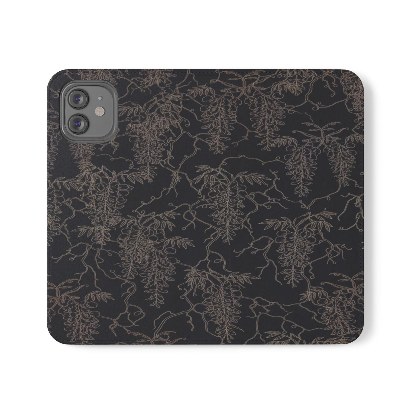 Botanical Noir Flip Phone Case — Dark Floral Wallet Cover with Card Slots
