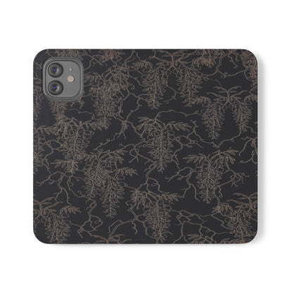 Botanical Noir Flip Phone Case — Dark Floral Wallet Cover with Card Slots