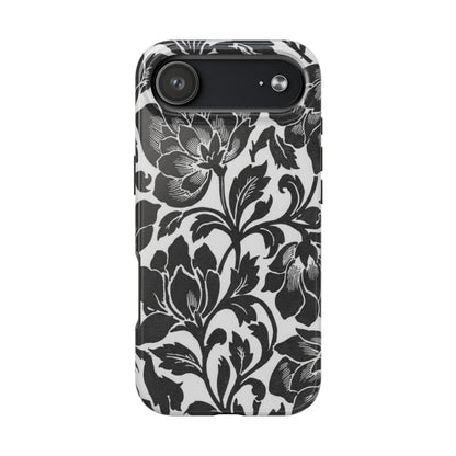 Tough Phone Case — Black & White Vintage Floral Protective Cover