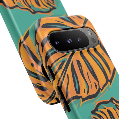 Tropical Leaf Tough Phone Case — Orange Monstera Design on Teal