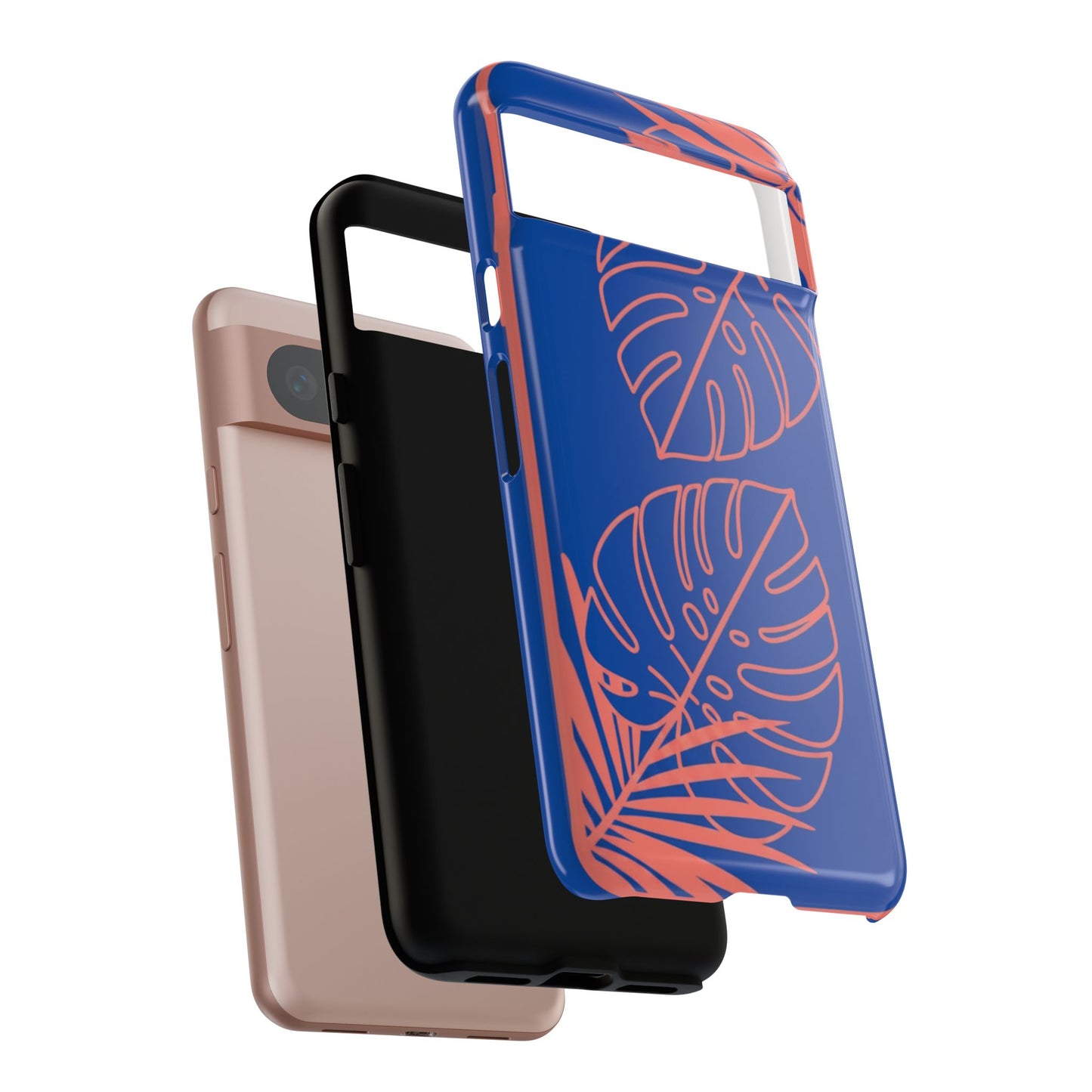 Tropical Monstera Phone Case — Blue & Coral Leaf Protective Cover