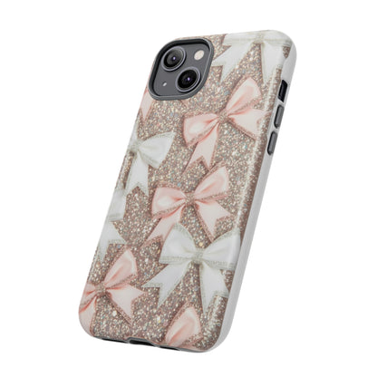 Glitter Bow Tough Phone Case — Pink & White Ribbon Protective Cover