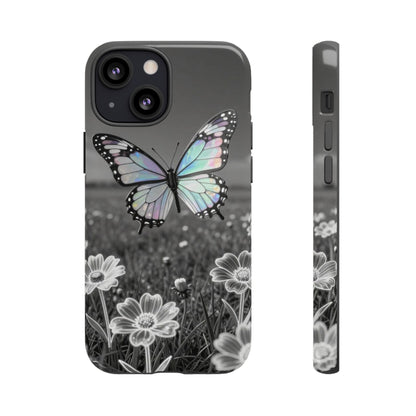 Butterfly Field Tough Phone Case — Pastel Holographic Butterfly on Black & White Floral Background