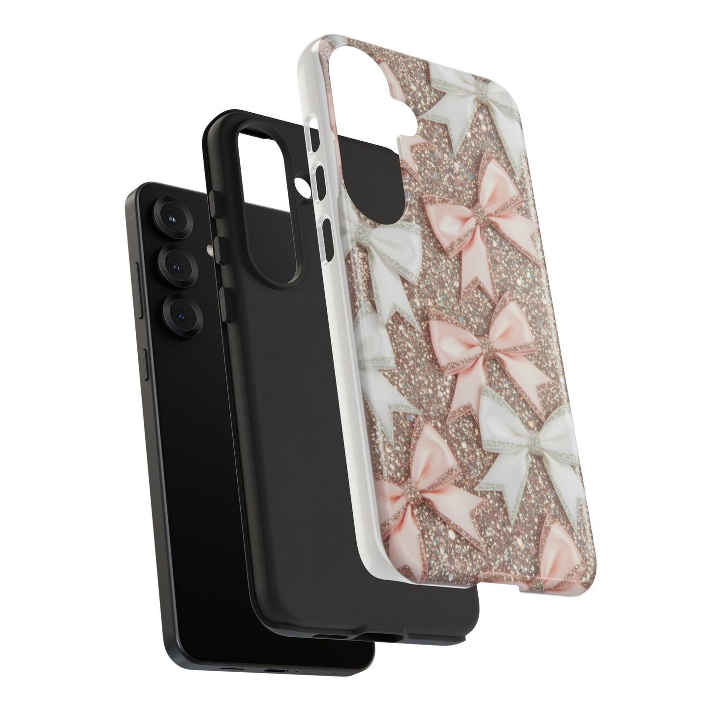 Glitter Bow Tough Phone Case — Pink & White Ribbon Protective Cover