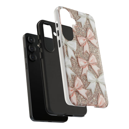 Glitter Bow Tough Phone Case — Pink & White Ribbon Protective Cover