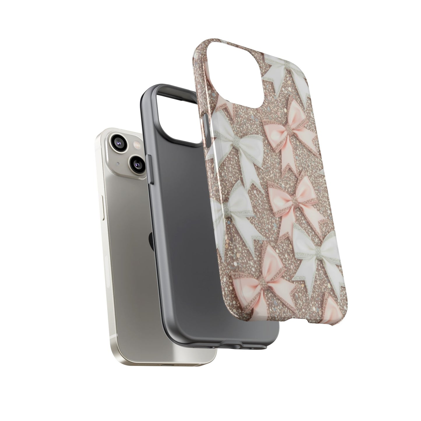 Glitter Bow Tough Phone Case — Pink & White Ribbon Protective Cover
