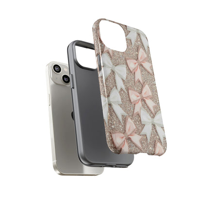 Glitter Bow Tough Phone Case — Pink & White Ribbon Protective Cover