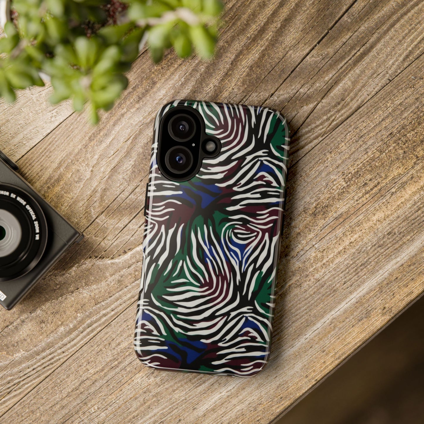 Zebra Camo Tough Phone Case – Green & Blue Animal Print Protective Cover