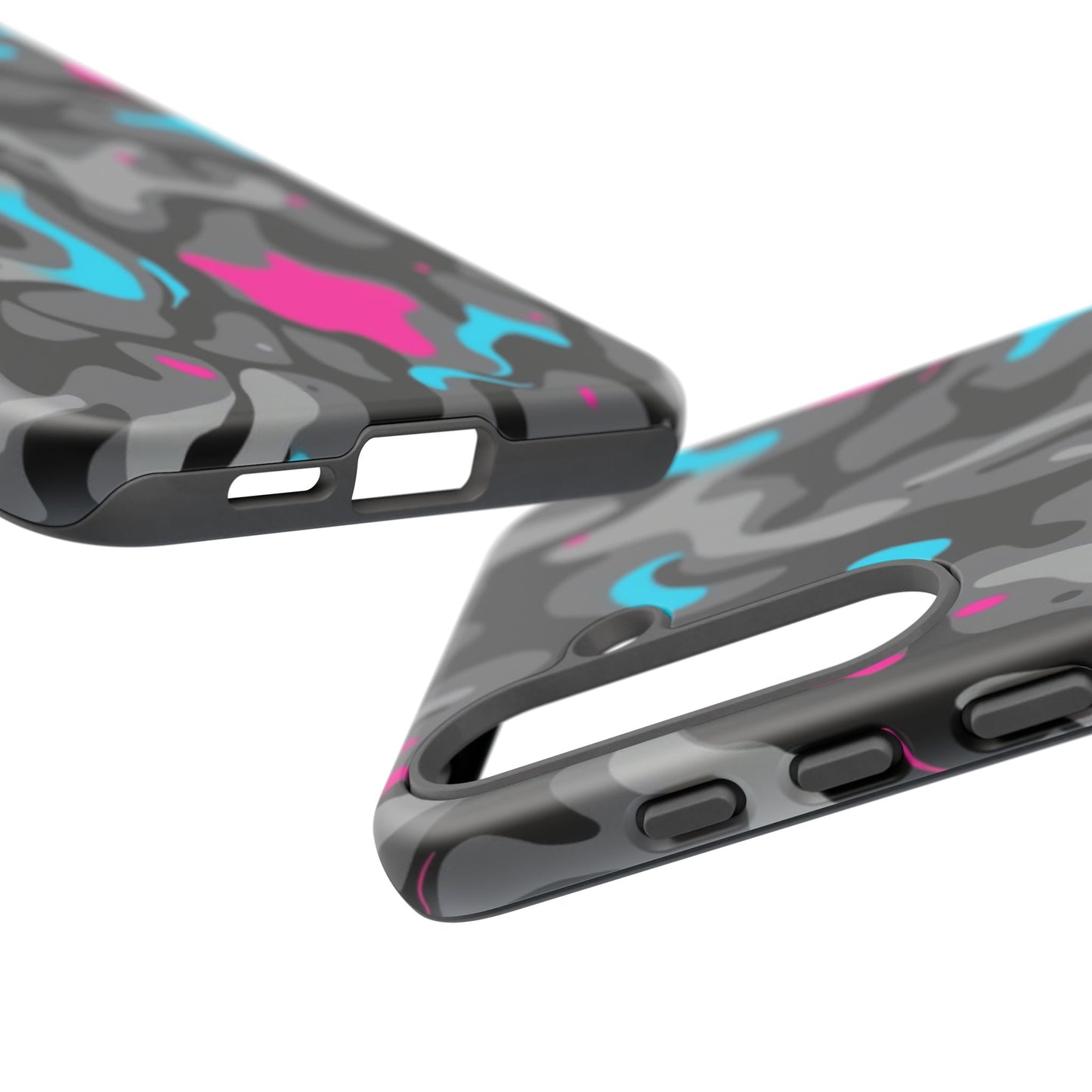 Camouflage Phone Case — Gray Camo with Neon Pink & Cyan Accent Tough Protective Cover