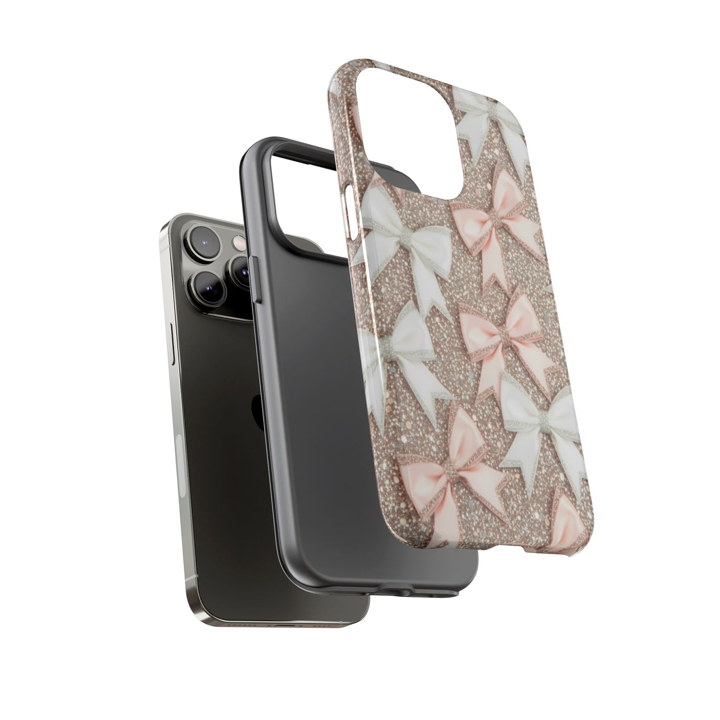 Glitter Bow Tough Phone Case — Pink & White Ribbon Protective Cover