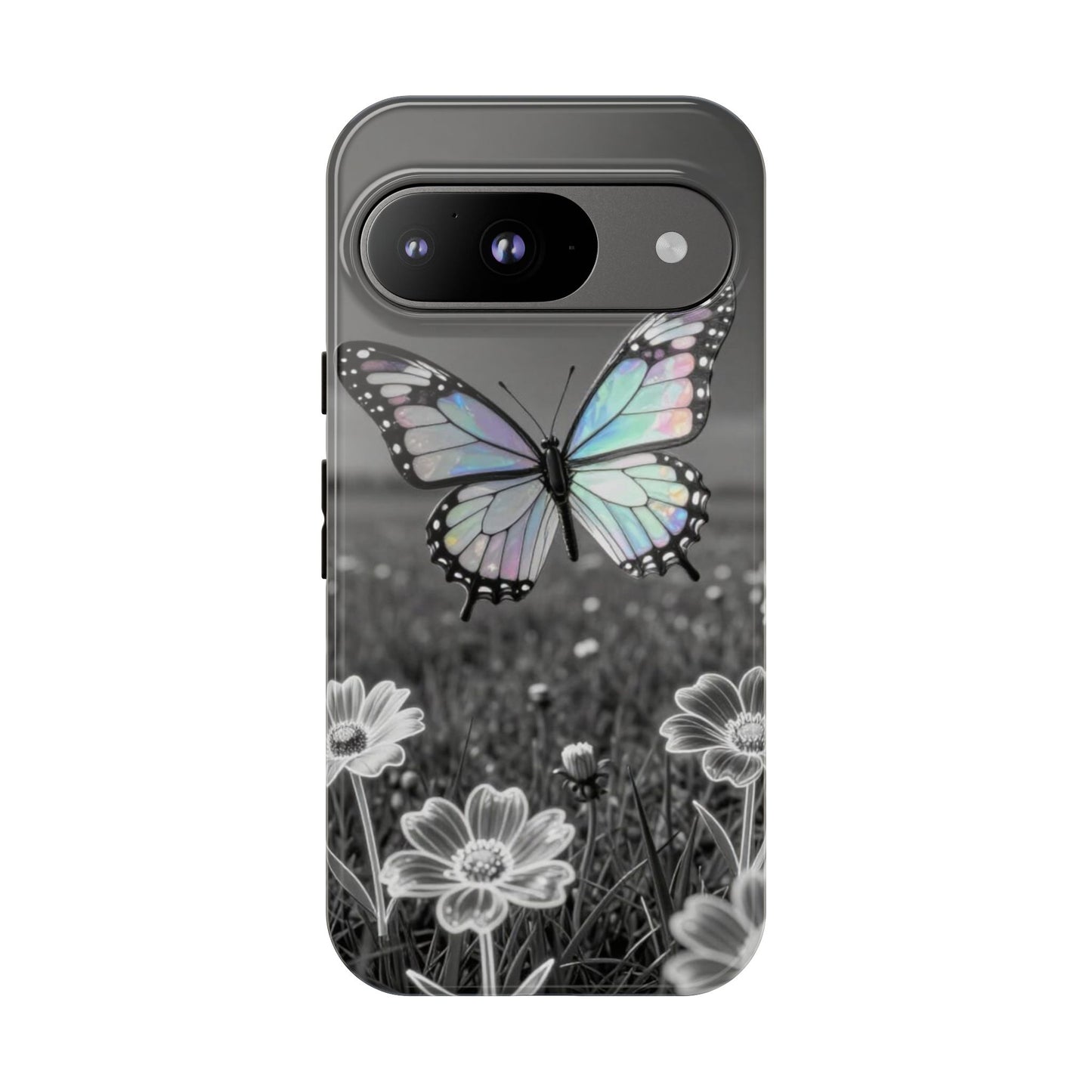 Butterfly Field Tough Phone Case — Pastel Holographic Butterfly on Black & White Floral Background