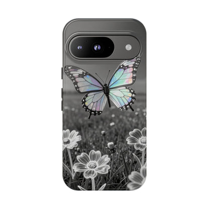 Butterfly Field Tough Phone Case — Pastel Holographic Butterfly on Black & White Floral Background