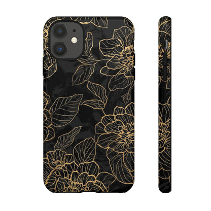 Floral Gold Outline Tough Phone Case – Black Botanical Protective Cover