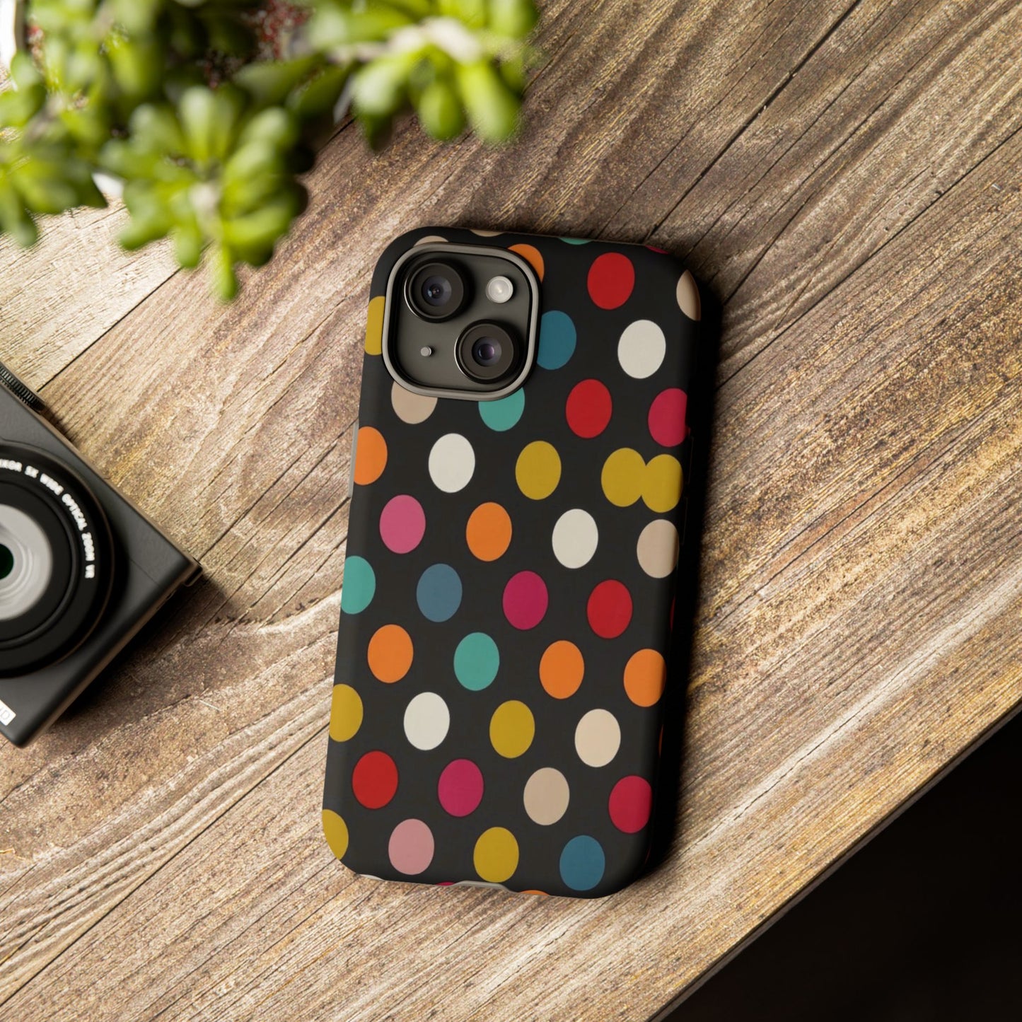 Polka Dot Tough Phone Case – Colorful Retro Dots on Black