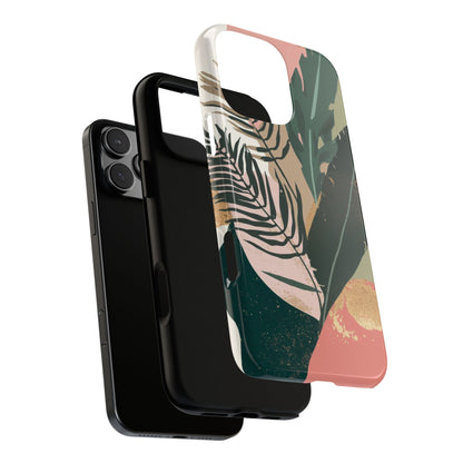 Tropical Leaf Tough Phone Case — Abstract Pink & Green Botanical Protective Cover