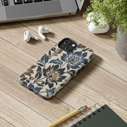 Floral Vintage Tough Phone Case — Blue & Brown Botanical Protection