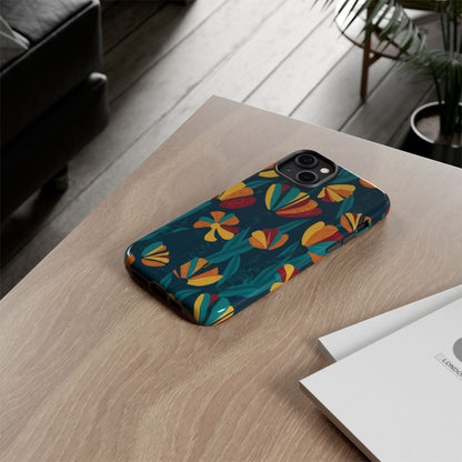 Floral Retro Teal Tough Phone Case — Vibrant Orange & Mustard Blooms
