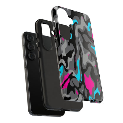 Camouflage Phone Case — Gray Camo with Neon Pink & Cyan Accent Tough Protective Cover