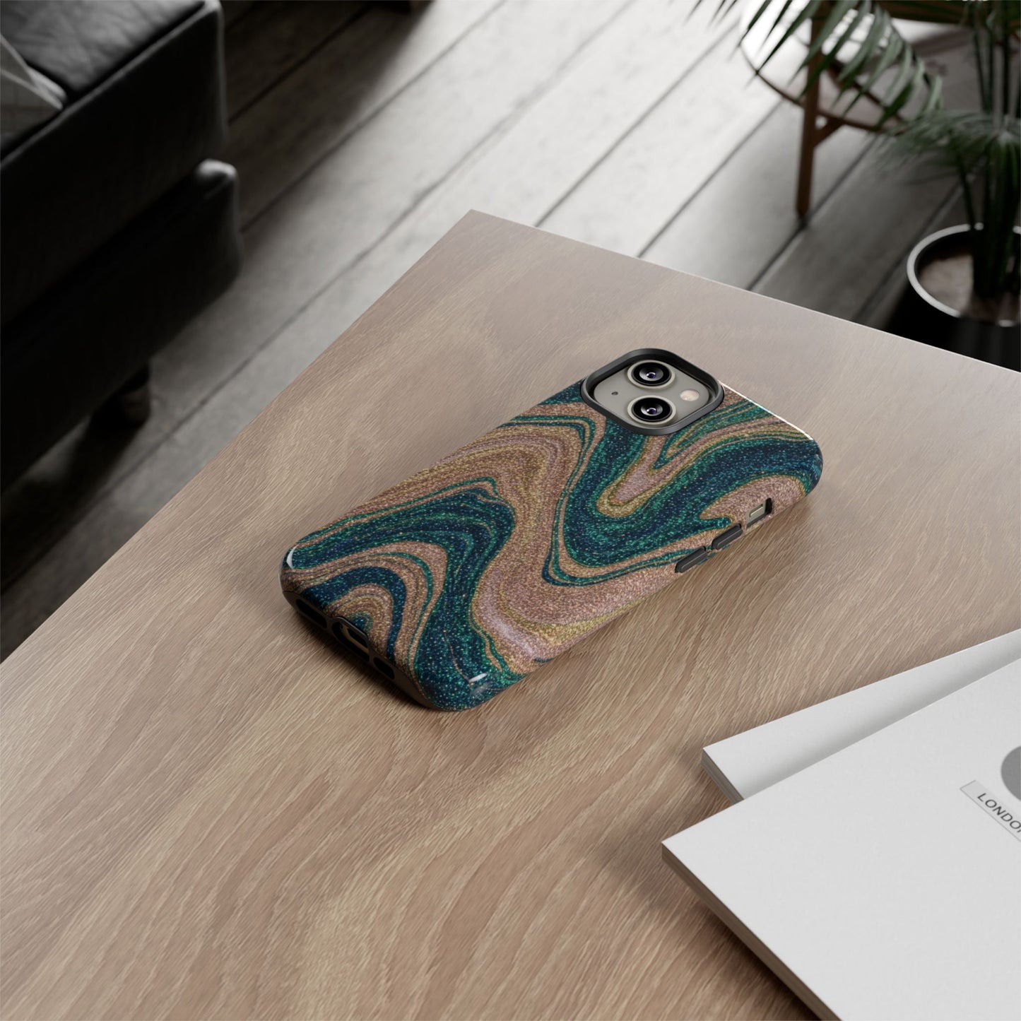 Marbled Teal & Gold Phone Case — Glitter Swirl Tough Case