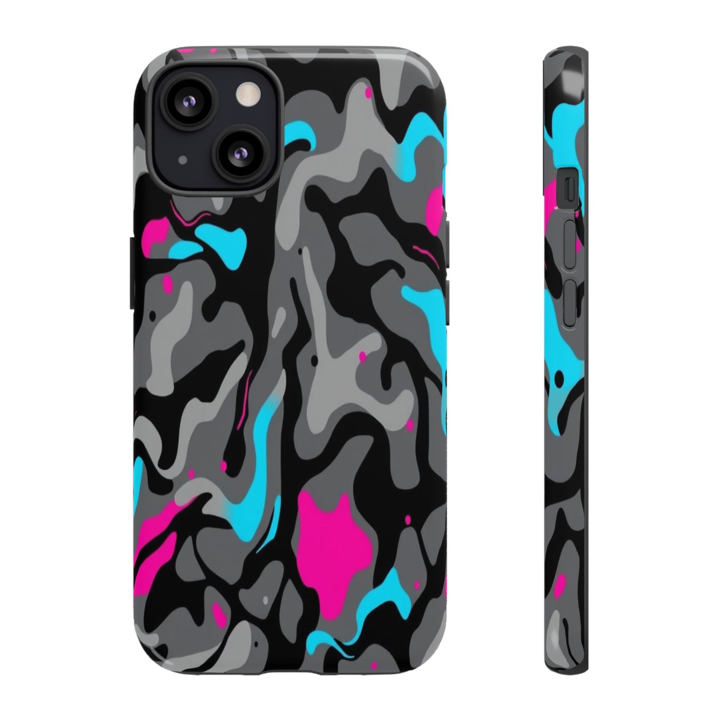 Camouflage Phone Case — Gray Camo with Neon Pink & Cyan Accent Tough Protective Cover
