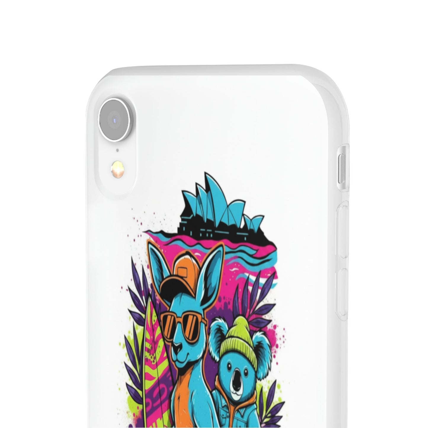 Kangaroo & Koala Surf Phone Case — Neon Aussie Beach Vibes Flexible Case