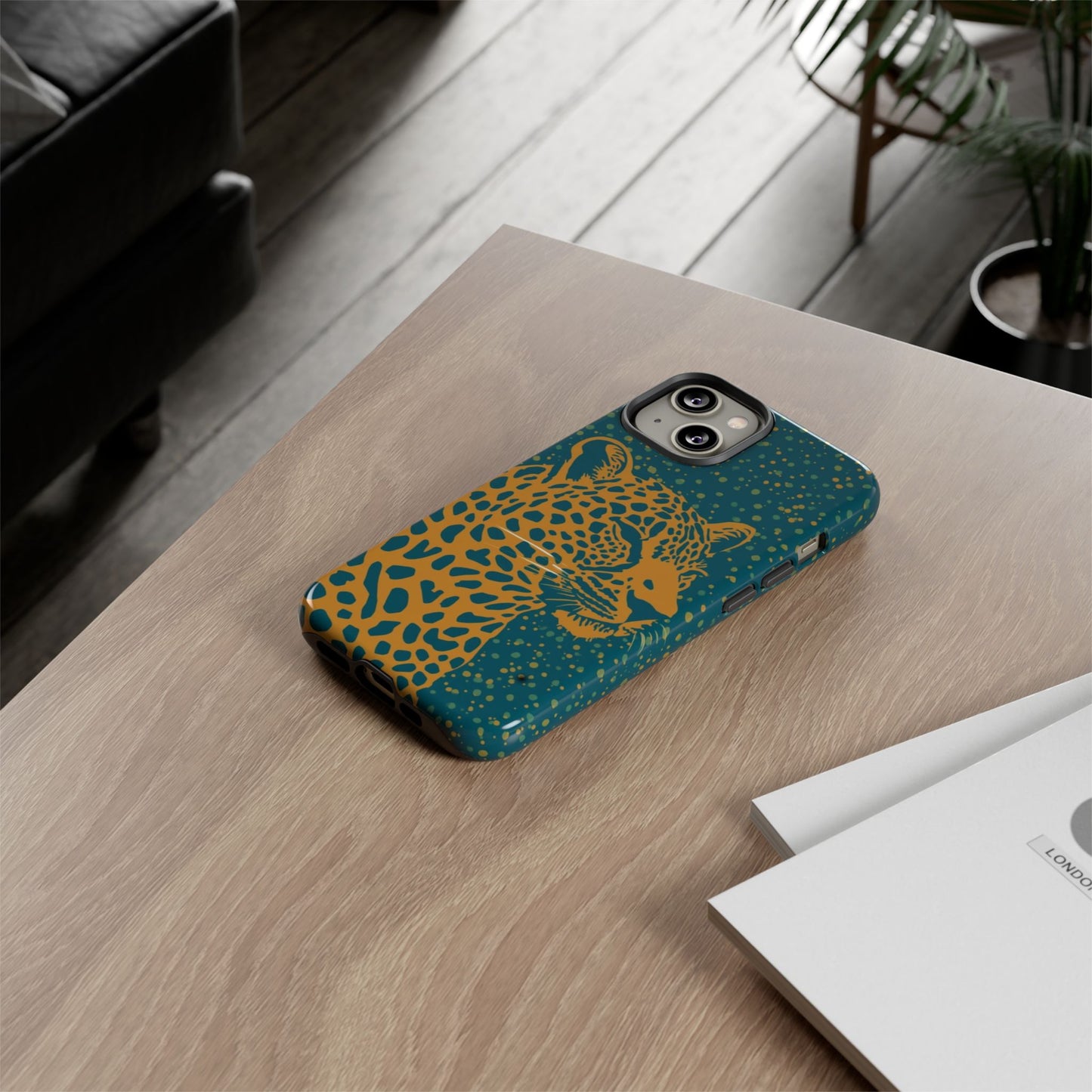 Leopard Print Tough Phone Case — Gold Panther on Teal, Protective iPhone Cover