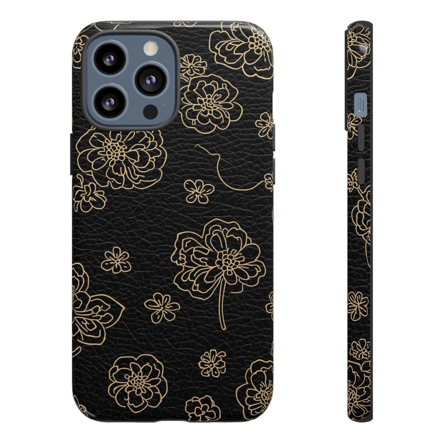 Floral Leather-Texture Tough Case – Black Gold Outline Phone Cover
