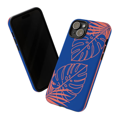 Tropical Monstera Phone Case — Blue & Coral Leaf Protective Cover