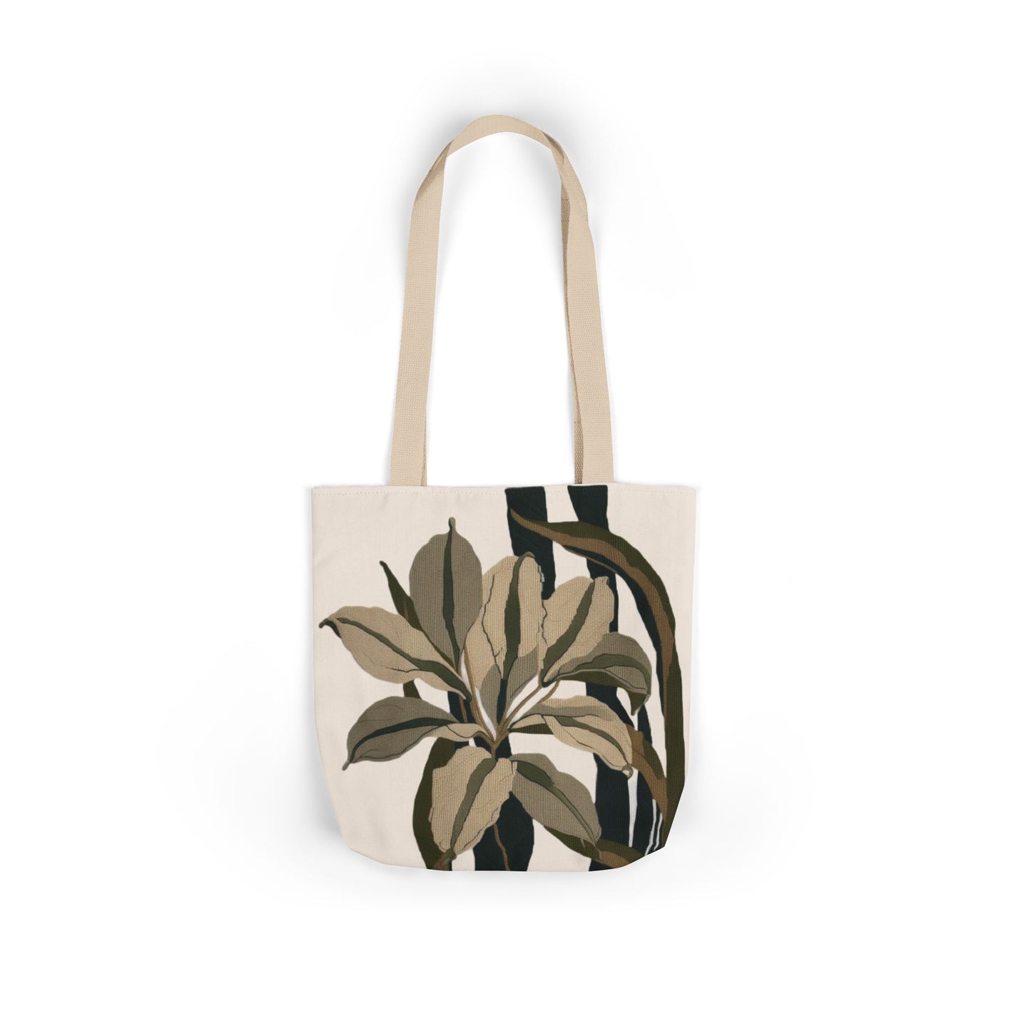 Botanical Stripe Canvas Tote — Neutral Leaf Print Tote Bag