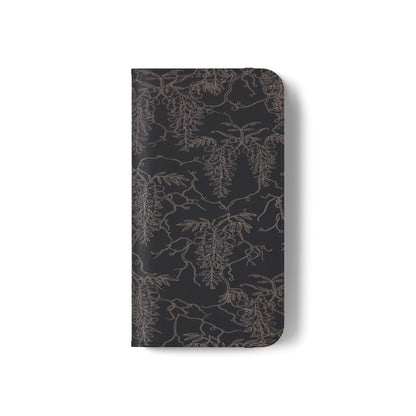 Botanical Noir Flip Phone Case — Dark Floral Wallet Cover with Card Slots