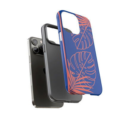 Tropical Monstera Phone Case — Blue & Coral Leaf Protective Cover