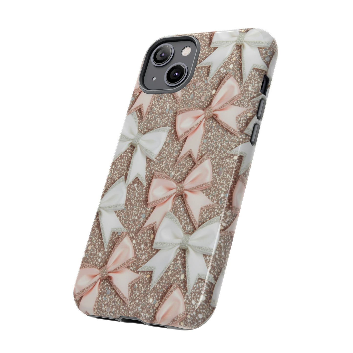 Glitter Bow Tough Phone Case — Pink & White Ribbon Protective Cover