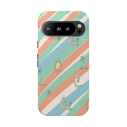 Retro Beach Stripes Phone Case — Sun, Waves & Palm Pattern Tough Case
