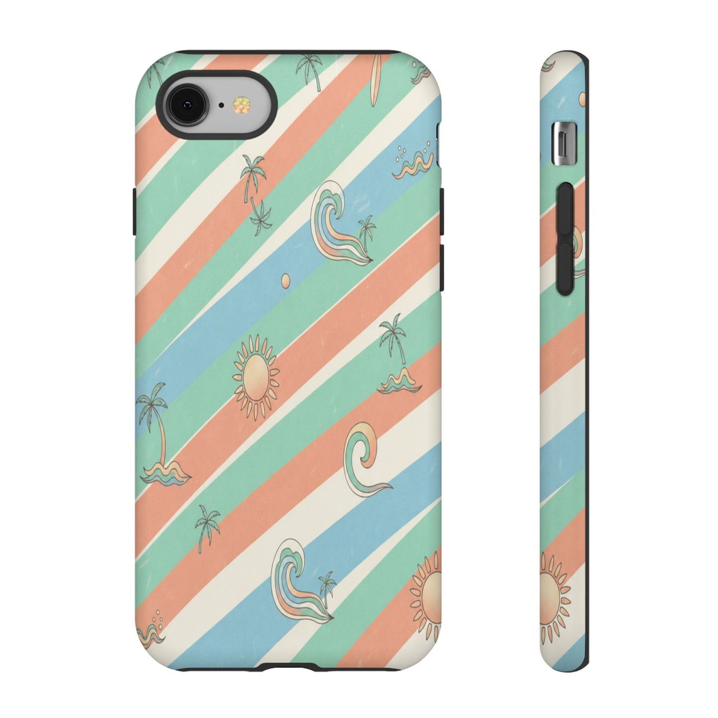 Retro Beach Stripes Phone Case — Sun, Waves & Palm Pattern Tough Case