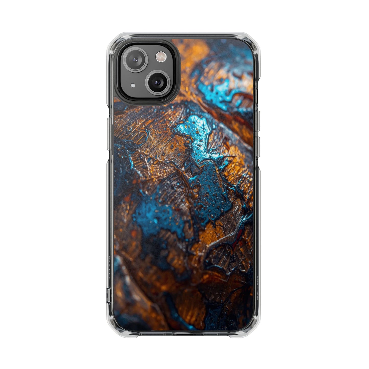 Magnetic Clear Phone Case — Blue & Copper Abstract Tortoise Impact Design