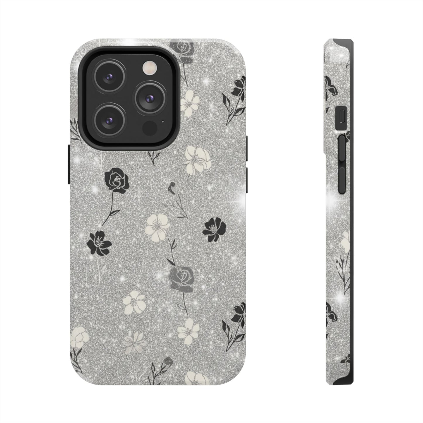 Floral Glitter Tough Phone Case — Black & Silver Vintage Flower Protective Cover