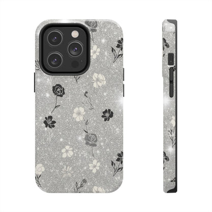Floral Glitter Tough Phone Case — Black & Silver Vintage Flower Protective Cover