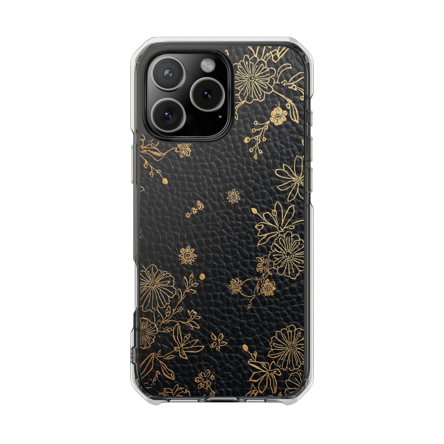 Clear Impact Phone Case — Black Leather Texture with Gold Floral Foil