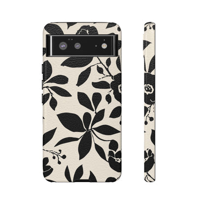 Black Floral Pattern Phone Case — Monochrome Botanical Tough Case